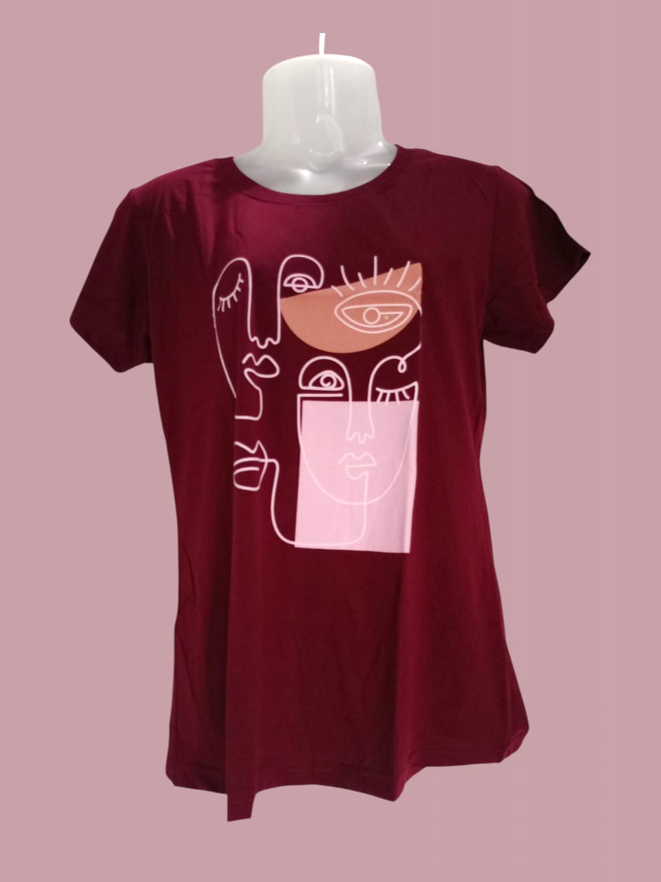 Women's Maroon Abstract Face Art Printed Cotton T-Shirt
