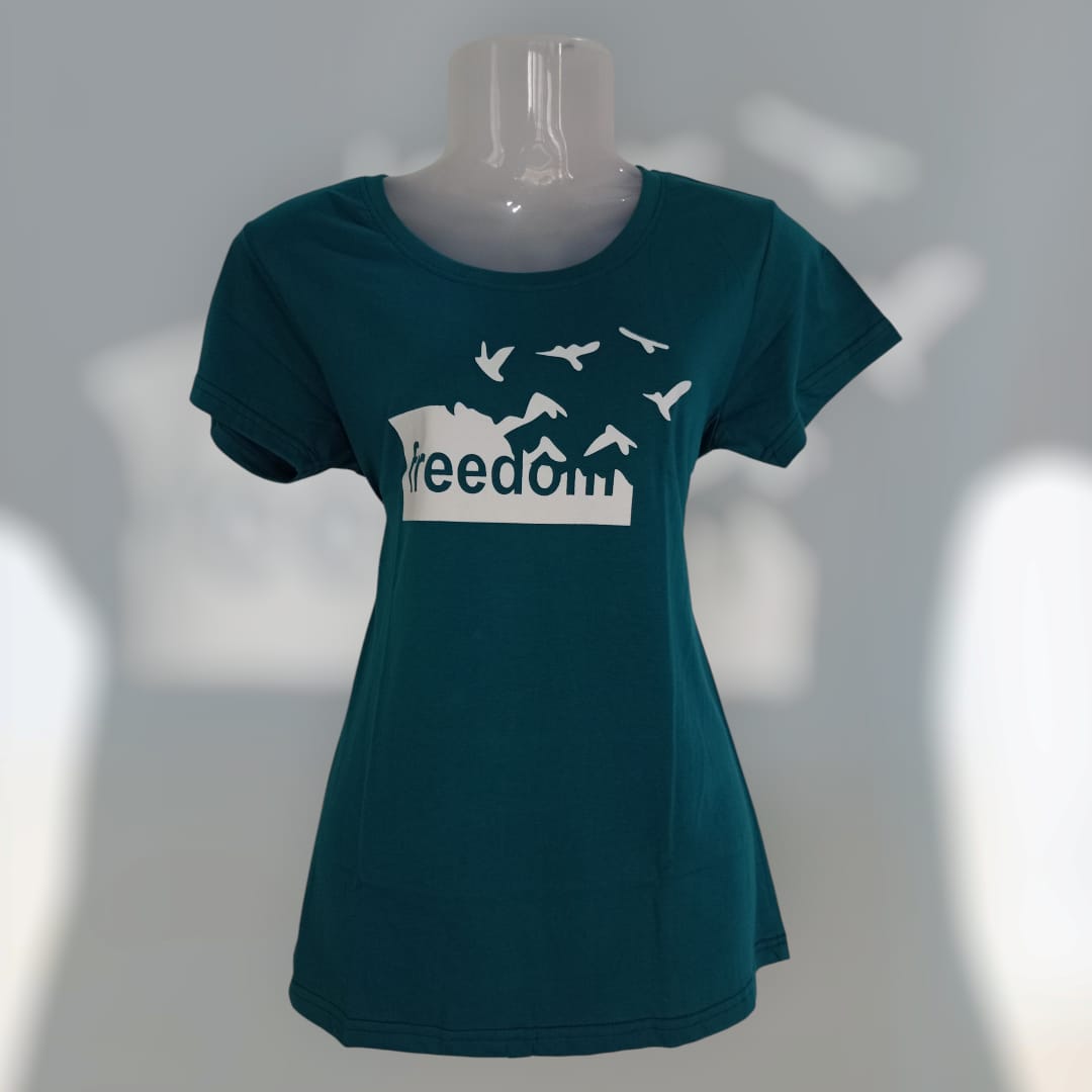 Women's Teal Blue "Freedom Birds" Printed Cotton T-Shirt