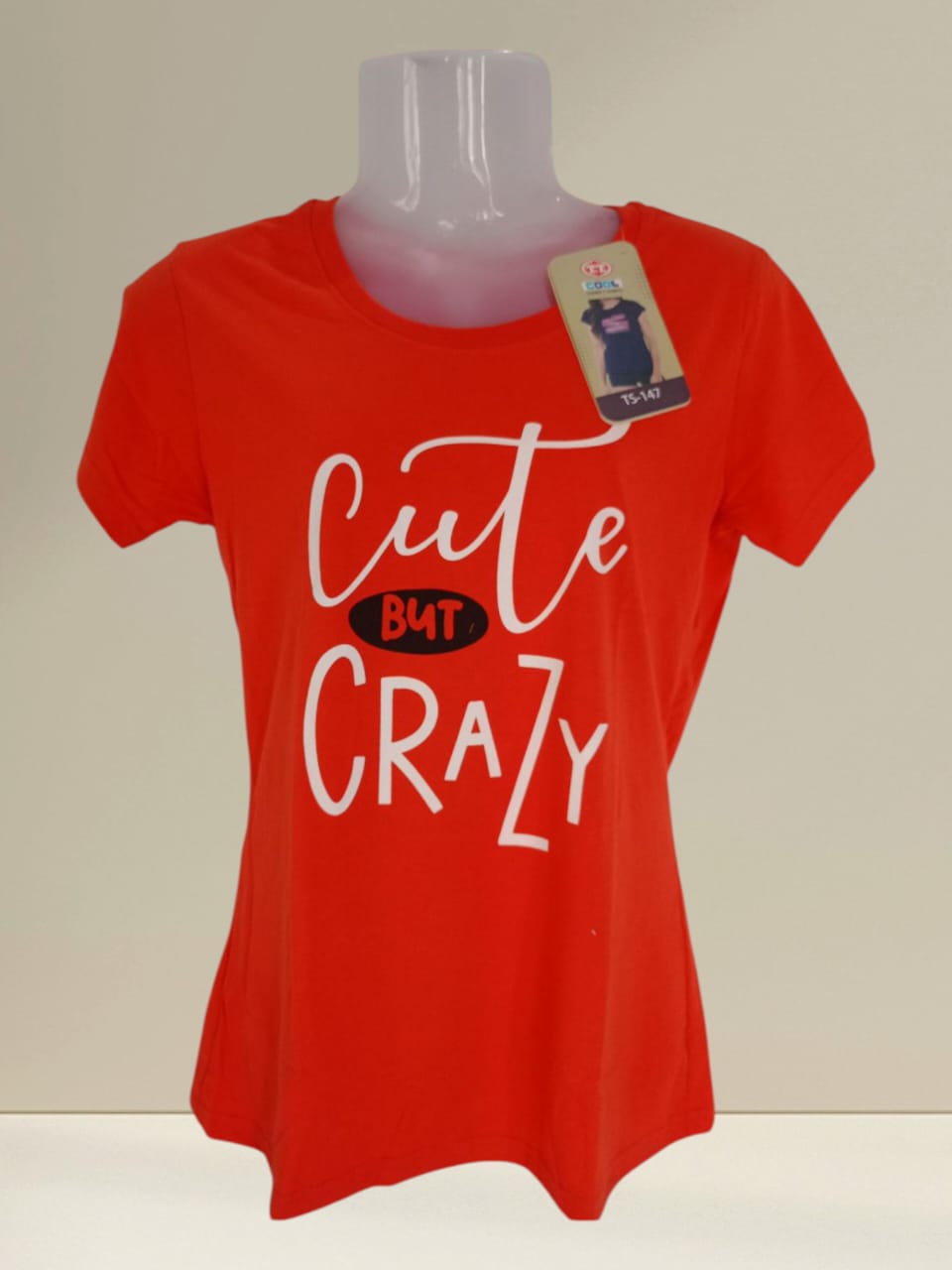 Women's Red Cotton T-Shirt with "Cute But Crazy" Typography Print