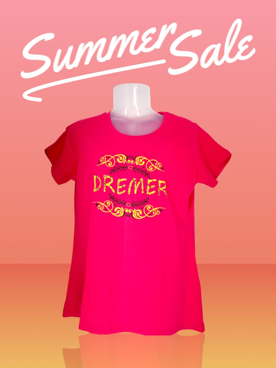 Women's Hot Pink Cotton T-Shirt – “Dreamer” with Ornamental Gold Print